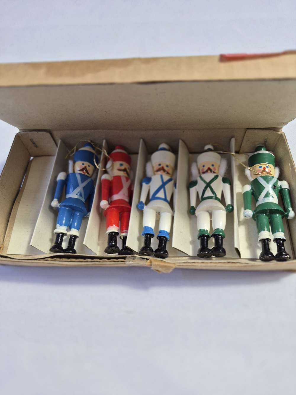 Vintage Old Wooden Nutcracker Soldier Ornament Set - Blue, Red, White, Green